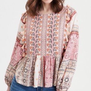 AMERICAN EAGLE | Boho Pink Print Tassel Balloon Sleeve Blouose Top XS